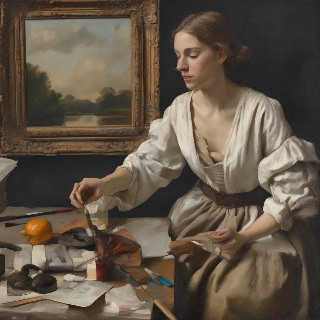 Φωτογραφία μιας νεαρής γυναίκας ζωγράφου σε στούντιο, εμπνευσμένη από την πολιτική τέχνη και κοινωνικά μηνύματα.