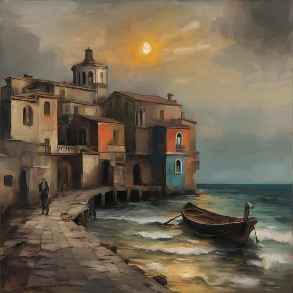 Παλιό κτίριο στην ακτή με φεγγάρι και πλοίο, κοινωνικά μηνύματα στην τέχνη.