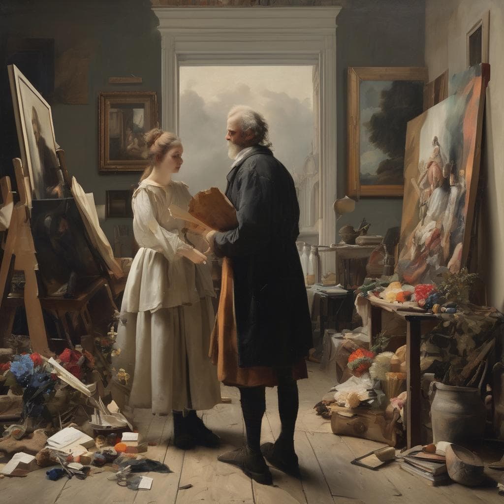 Δάσκαλος και μαθήτρια στη ζωγραφική με κοινωνικά μηνύματα, μέσα σε στούντιο τέχνης με έργα και καμβάδες.