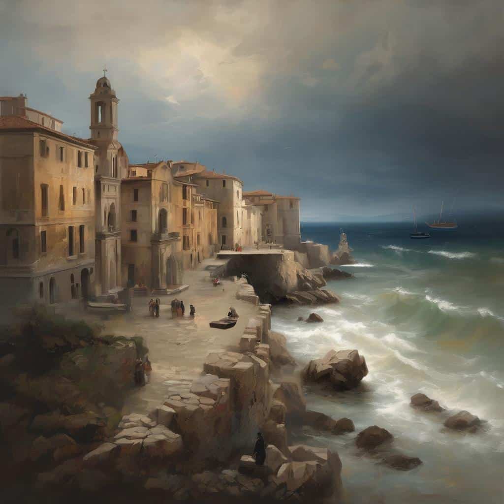 Παραθαλάσσια πόλη με ιστορικά κτίρια και έντονο κοινωνικό μήνυμα πολιτικής τέχνης, σε βραδυνη κουκούλα και ήσυχη ατμόσφαιρα.